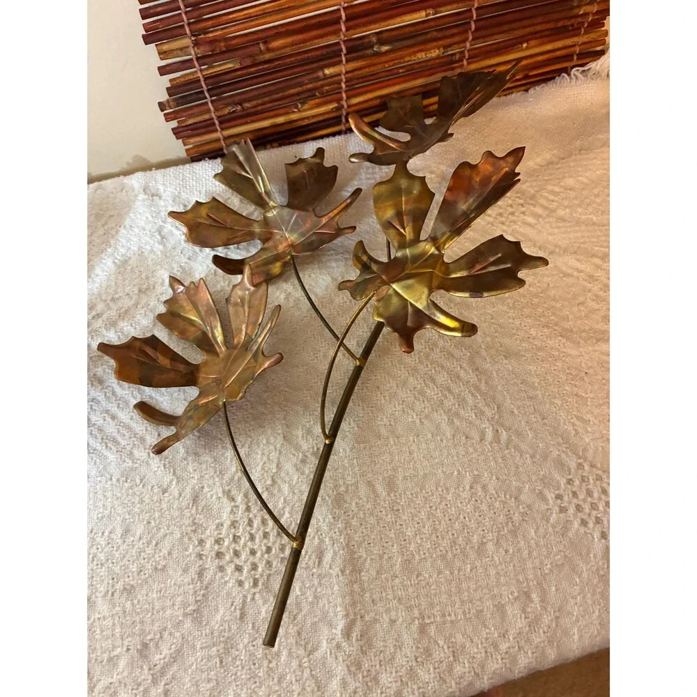 Vintage Metal Leaf Wall Art - Copper & Brass - Brutalist Autumn Decor (Set of 2)